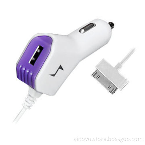 Custom USB car charger with helical cable, 30pin socket, 5V 2.1A